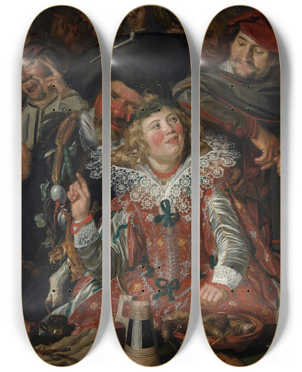 Triptych art skateboard deck of Frans Hals Merrymakers At Shrovetide by Frans Hals (1581-1666)
