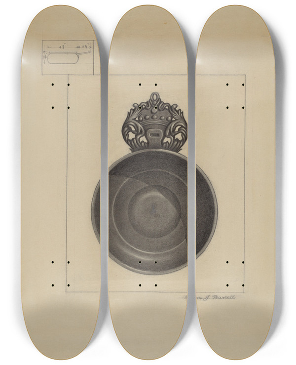 Triptych art skateboard deck of Eugene Barrell Pewter Porringer_1 by Eugene Barrell