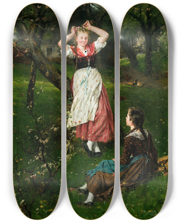 Triptych art skateboard deck of Johann Sperl Im Frhling I by Johann Sperl (1840-1914)