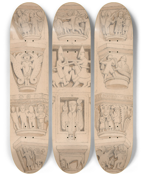 Triptych art skateboard deck of John Sell Cotman Capitals And A B Basreliefs In The Abbey Church Of Saint Georges De Bocherville Near Rouen Normandy by John Sell Cotman (1782-1842)