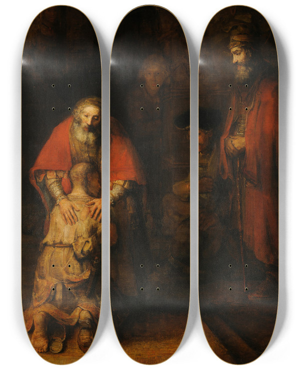 Triptych art skateboard deck of Rembrandt Van Rijn Return Of The Prodigal Son_1 by Rembrandt Van Rijn (1606-1669)
