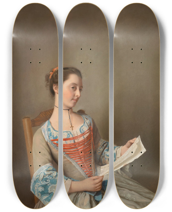 Triptych art skateboard deck of Jeanetienne Liotard La Liseuse Portrait Of Susanna Lewis Seated by Jean-Etienne Liotard (1702-1789)