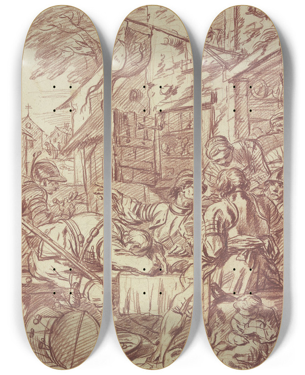 Triptych art skateboard deck of Charles Parrocel Zechende Soldaten Vor Einem Wirtshaus by Charles Parrocel (1688-1752)