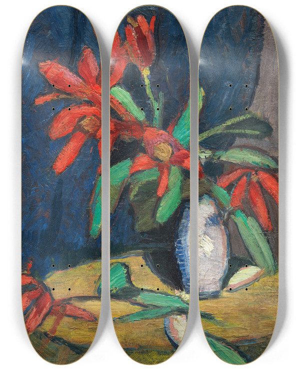 Triptych art skateboard deck of Hermann Stenner Rote Blumen In Weiem Krug by Hermann Stenner (1891-1914)