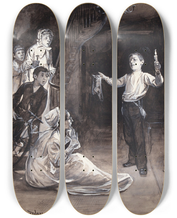 Triptych art skateboard deck of William Thomas Smedley A Tale Under Candlelight by William Thomas Smedley (1858-1920)