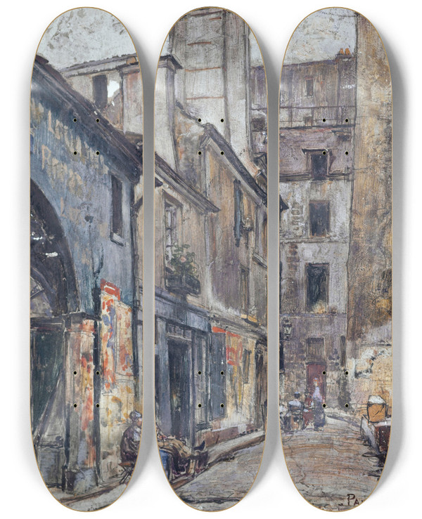 Triptych art skateboard deck of Frdric Houbron La Rue Taillepain by Frederic Houbron (1851-1908)