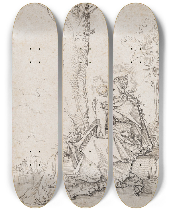 Triptych art skateboard deck of Hans Leu The Younger Maria Mit Kind In Der Landschaft_2 by Hans Leu The Younger (1490-1531)