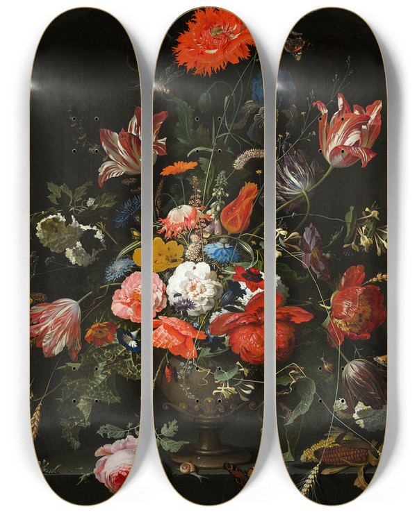 Triptych art skateboard deck of Abraham Mignon Flowers In A Metal Vase by Abraham Mignon (1640-1679)