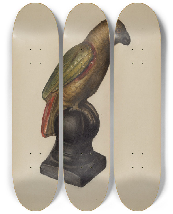 Triptych art skateboard deck of Mina Lowry Parrot by Mina Lowry (1894-1942)