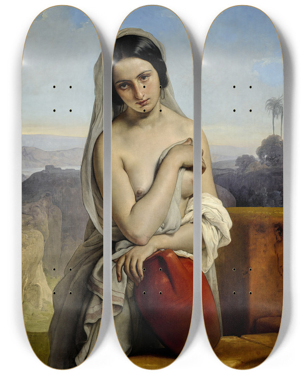 Triptych art skateboard deck of Francesco Hayez Rebecca At The Well by Francesco Hayez (1791-1882)