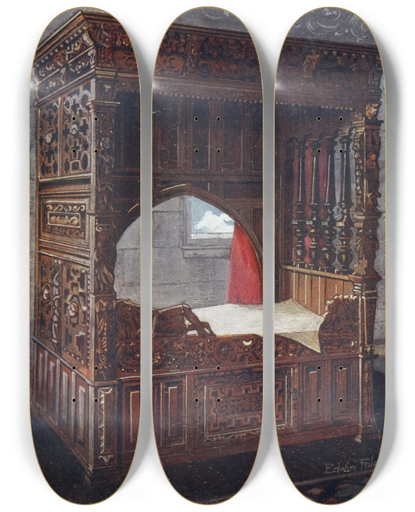 Triptych art skateboard deck of Edwin Foley Carved Oak Bedstead Of Jeanne Dalbret Dated 1562 by Edwin Foley (1859-1912)