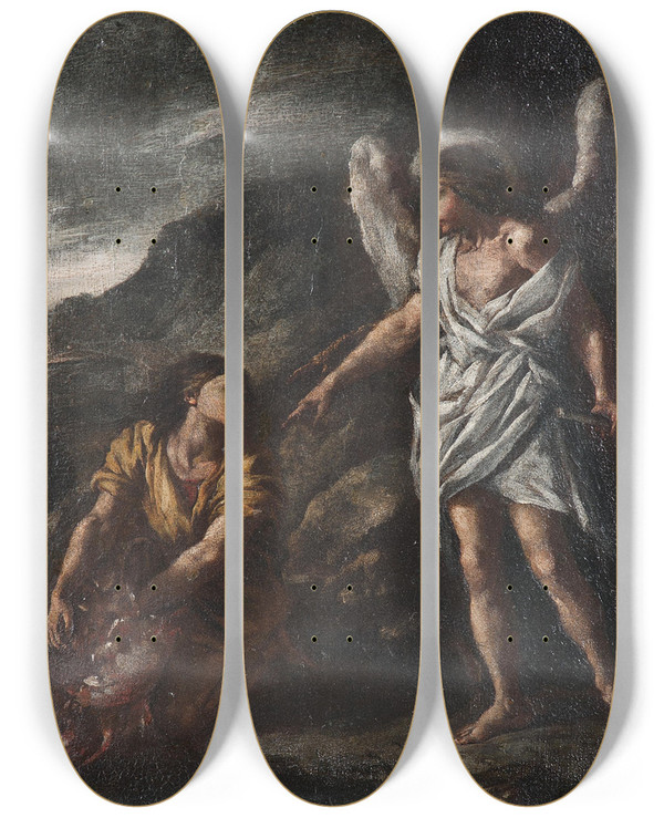 Triptych art skateboard deck of Giovanni Battista Caracciolo Tobias And The Angel by Giovanni Battista Caracciolo (1578-1635)