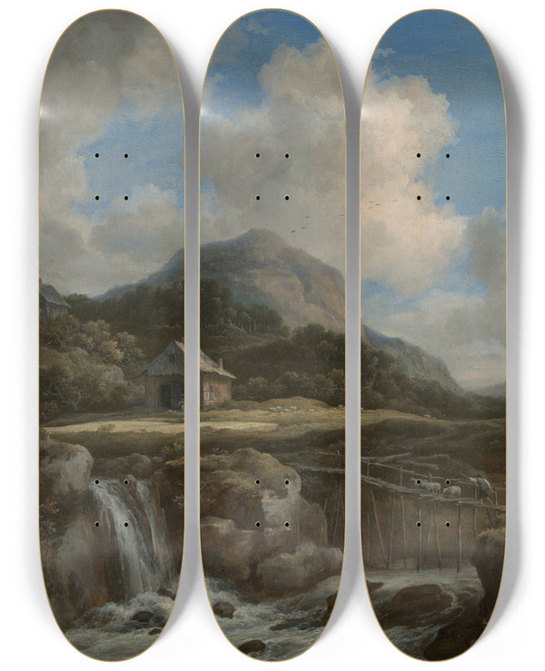 Triptych art skateboard deck of Jacob Van Ruisdael Mountain Torrent by Jacob Van Ruisdael (1628-1682)