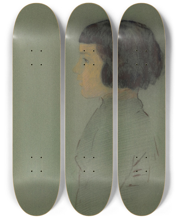 Triptych art skateboard deck of Odilon Redon Young Woman In Profile by Odilon Redon (1840-1916)