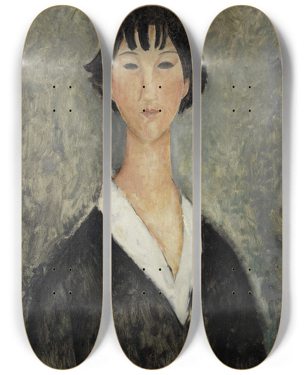 Triptych art skateboard deck of Amedeo Modigliani Jeune Fille Aux Cheveux Noirs by Amedeo Modigliani (1884-1920)