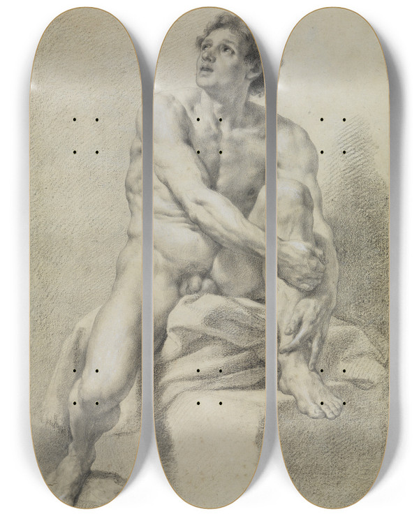Triptych art skateboard deck of Anton Raphael Mengs Sitzender Mnnlicher Akt Etwa Frontal Das Linke Bein Hochgestellt Und Mit Beiden Hnden Gehalten by Anton Raphael Mengs (1728-1779)