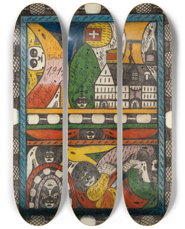 Triptych art skateboard deck of Adolf Wlfli Der Zohrn Schiiga Und Landjger by Adolf Wolfli (1864-1930)
