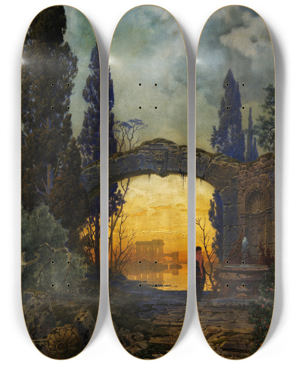 Triptych art skateboard deck of Ferdinand Knab Arcadian Landscape by Ferdinand Knab (1834-1902)