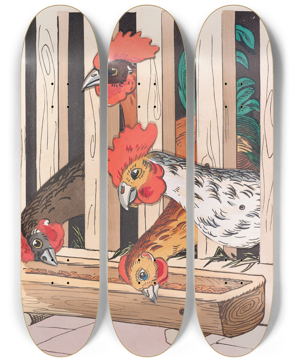 Triptych art skateboard deck of Lothar Meggendorfer The Chickens by Lothar Meggendorfer (1847-1925)