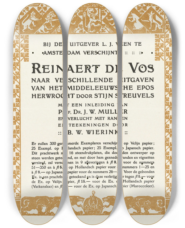 Triptych art skateboard deck of Bernard Willem Wierink Advertentie Voor Reinaert De Vos by Bernard Willem Wierink (1856-1939)