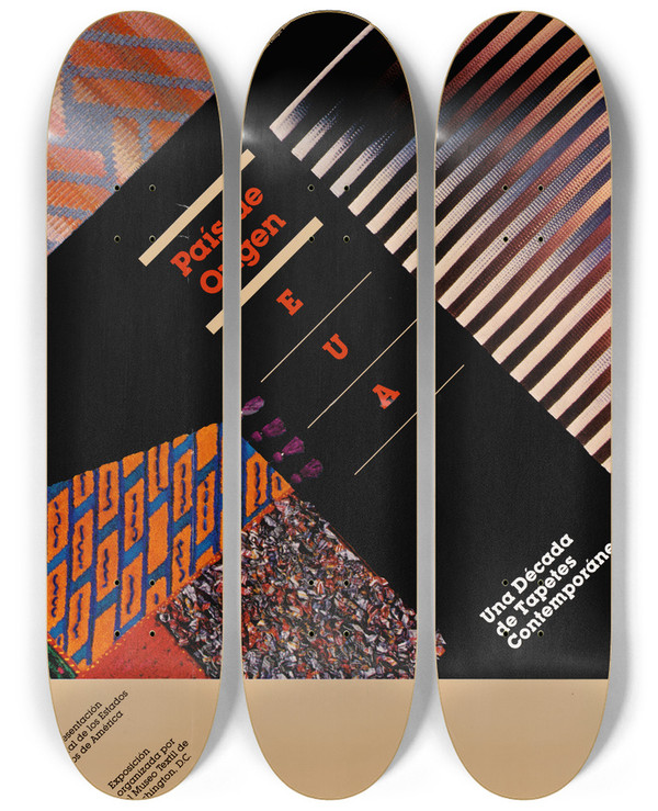 Triptych art skateboard deck of Us Information Agency Pais De Origen Una Decada De Tapetes Contemporaneos by U S Information Agency (1953-1999)