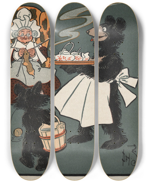 Triptych art skateboard deck of William Wallace Denslow Denslows Three Bears_3 by William Wallace Denslow (1856-1915)