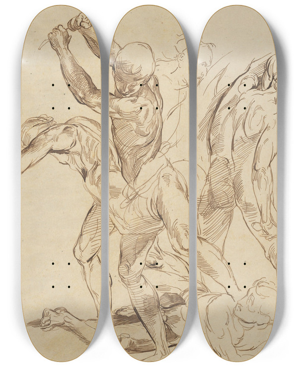 Triptych art skateboard deck of Eugne Delacroix Combat Of Nude Men After Raphael by Eugene Delacroix (1798-1863)