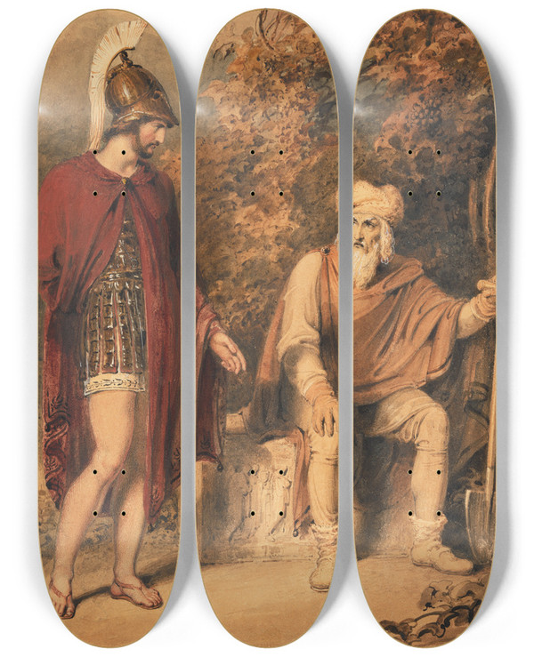 Triptych art skateboard deck of Richard Westall Alcibiades And Timon by Richard Westall (1765-1836)