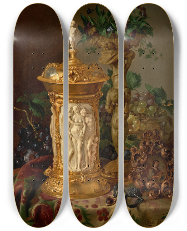 Triptych art skateboard deck of Carl Borromus Fruwirth Stillleben by Carl Borromaus Fruwirth (1810-1878)