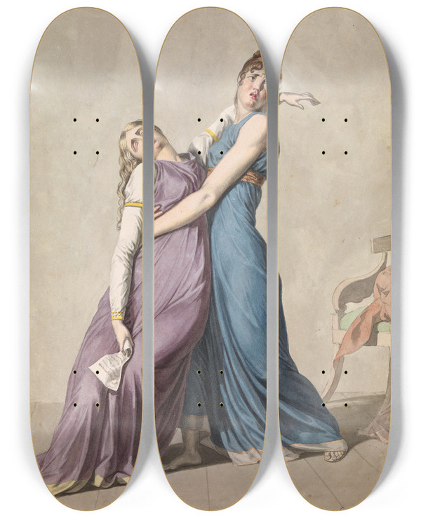 Triptych art skateboard deck of Christoffer Wilhelm Eckersberg A Woman Is Supporting Another Woman Who Has Fainted Upon Reading A Letter by Christoffer Wilhelm Eckersberg (1783-1853)