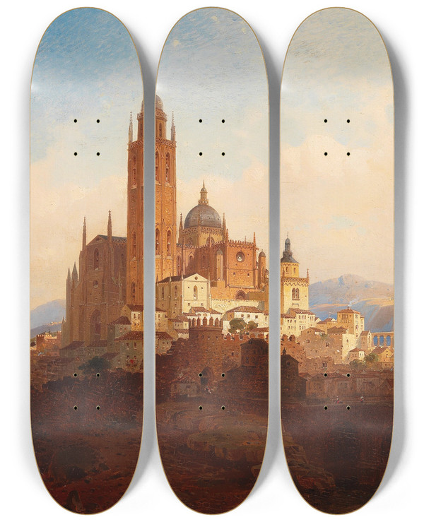 Triptych art skateboard deck of Friedrich Eibner Cathedral In Segovia by Friedrich Eibner (1826-1877)