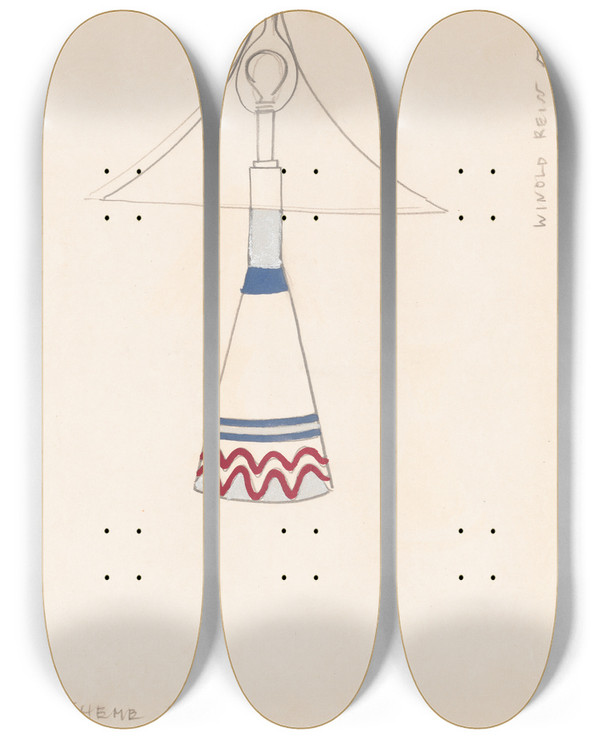 Triptych art skateboard deck of Winold Reiss Designs For Lamps With Triangular Shades Design With White Red And Metallic Silver by Winold Reiss (1886-1953)