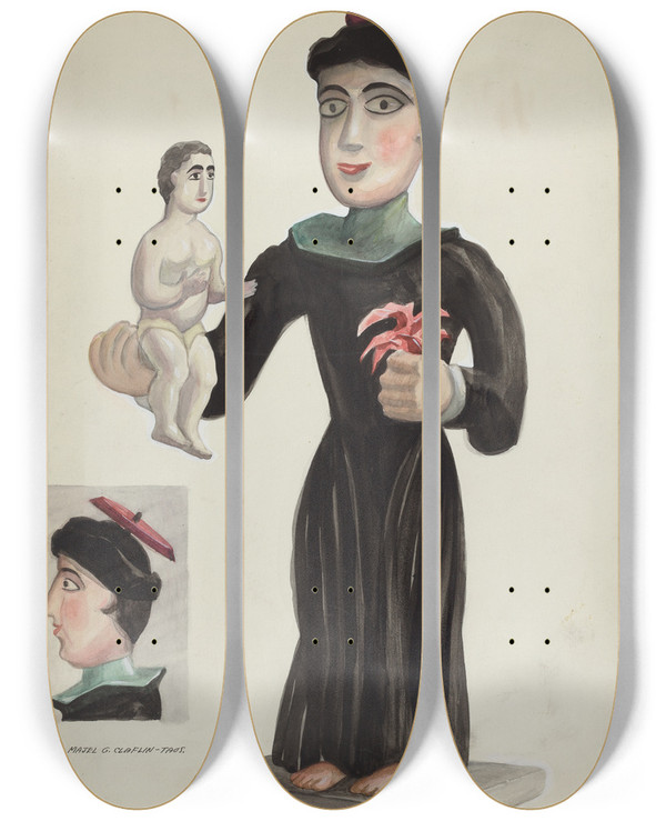Triptych art skateboard deck of Majel G Claflin Carved And Painted Wooden Santo St Anthony by Majel G Claflin (1893-1941)