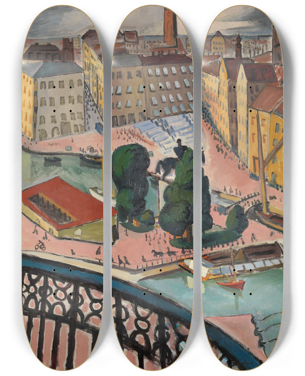 Triptych art skateboard deck of Isaac Grnewald Karl Johans Torg Stockholm by Isaac Grunewald (1889-1946)