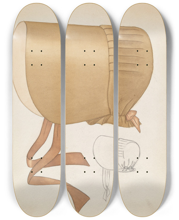 Triptych art skateboard deck of Catherine Fowler Quaker Bonnet by Catherine Fowler