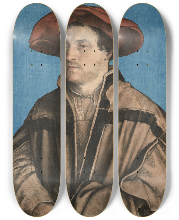 Triptych art skateboard deck of Hans Holbein The Younger Portrait Of A Man In A Red Beret by Hans Holbein The Younger (1497-1543)