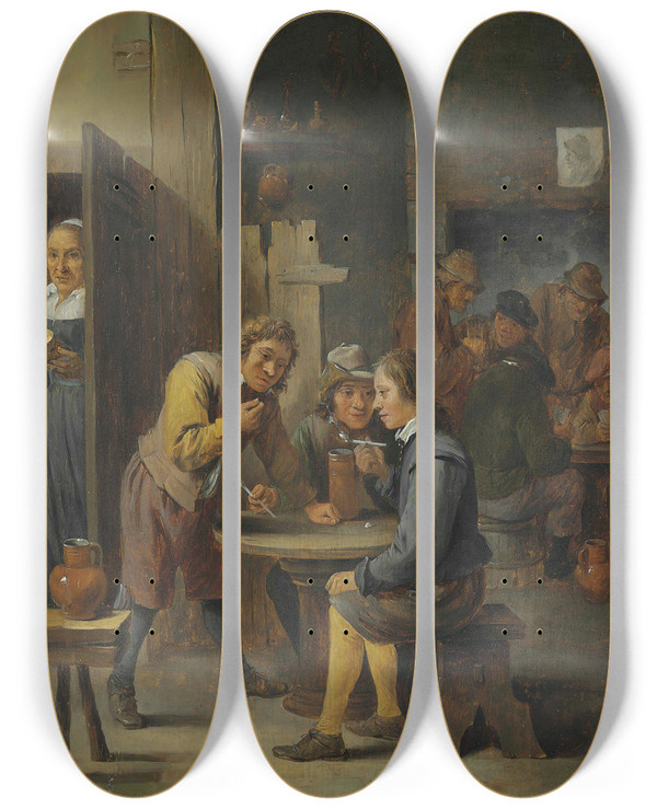Triptych art skateboard deck of David Teniers The Younger Figures In A Tavern Interior by David Teniers The Younger (1610-1690)