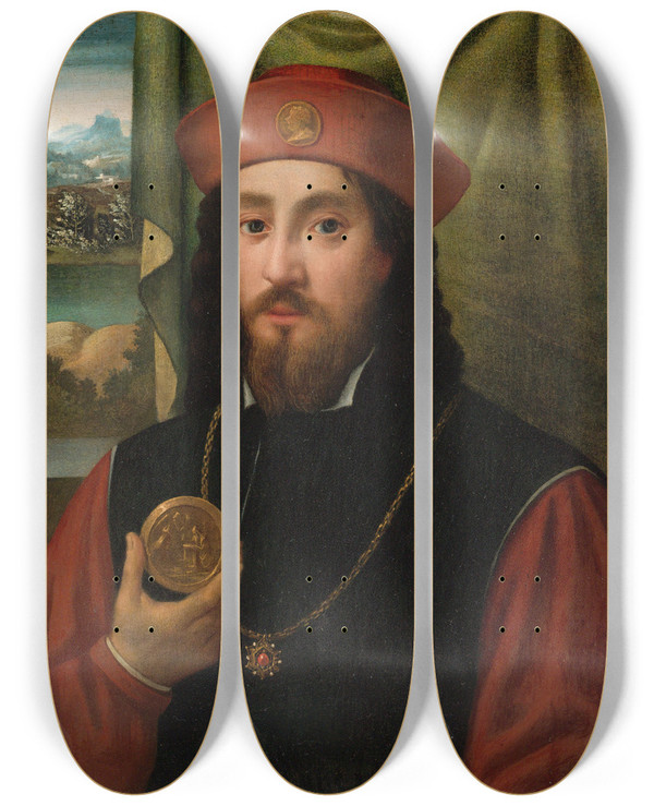 Triptych art skateboard deck of Bartolomeo Veneto Portrait Of A Man Holding A Medal by Bartolomeo Veneto (1502-1531)