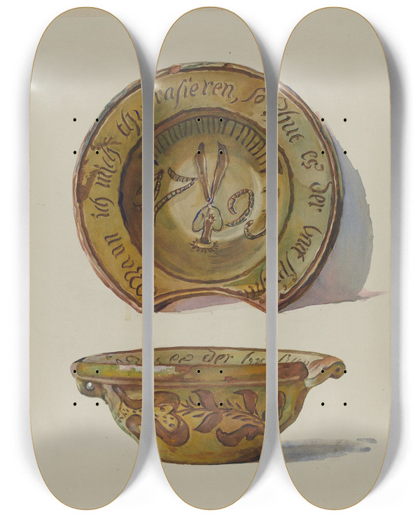 Triptych art skateboard deck of Frances Lichten Pa German Shaving Basin by Frances Lichten (1889-1961)