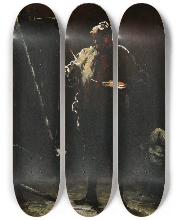 Triptych art skateboard deck of Honor Daumier The Painter At His Easel by Honore Daumier (1808-1879)