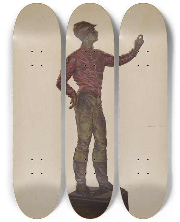 Triptych art skateboard deck of Dorothy Brennan Cast Iron Dobbie Jockey by Dorothy Brennan