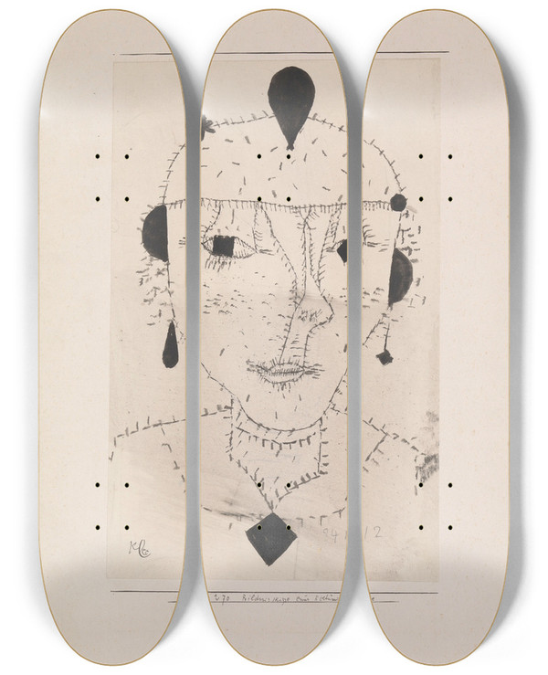 Triptych art skateboard deck of Paul Klee Portrait Sketch Of A Costumed Lady by Paul Klee (1879-1940)