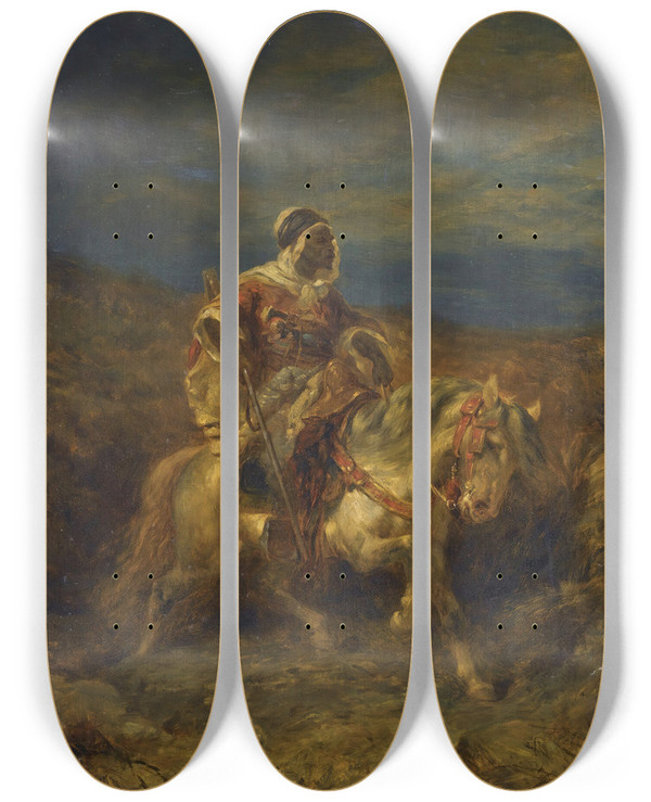 Triptych art skateboard deck of Adolf Schreyer An Arab Scout On Horseback by Adolf Schreyer (1828-1899)
