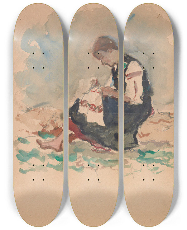 Triptych art skateboard deck of Ivan Ivanec Haftujca Dziewczyna by Ivan Ivanec (1893-1946)