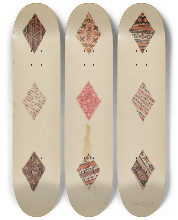 Triptych art skateboard deck of Eleanor Gausser Patches From Quilt by Eleanor Gausser