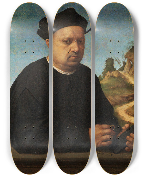 Triptych art skateboard deck of Franciabigio Portrait Of A Jeweler by Franciabigio (1482-1525)