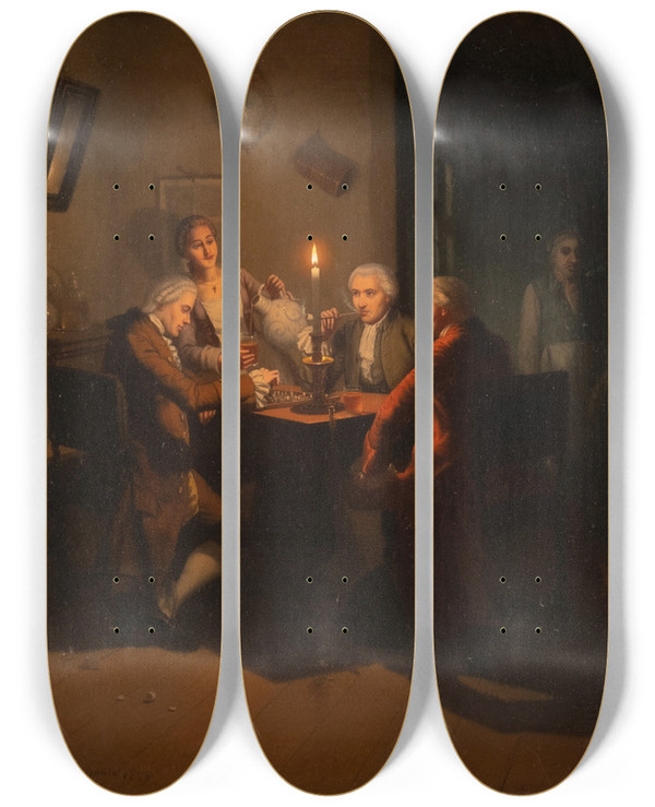 Triptych art skateboard deck of Johann Mongels Culverhouse Game Of Chess At Candle Light by Johann Mongels Culverhouse (1820-1895)