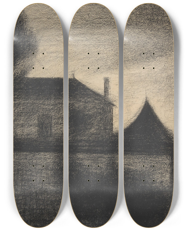 Triptych art skateboard deck of Georges Seurat House At Dusk La Cit by Georges Seurat (1859-1891)
