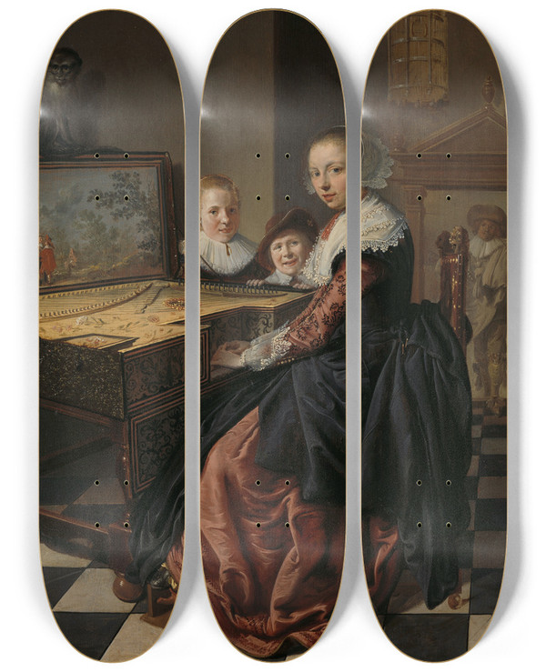 Triptych art skateboard deck of Jan Miense Molenaer Woman Playing The Virginal by Jan Miense Molenaer (1610-1668)