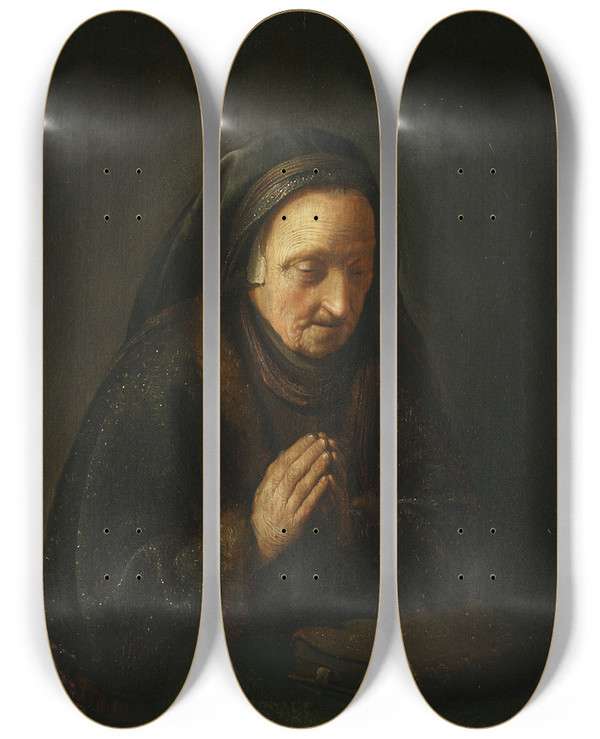 Triptych art skateboard deck of Gerrit Dou Praying Old Woman by Gerrit Dou (1613-1675)